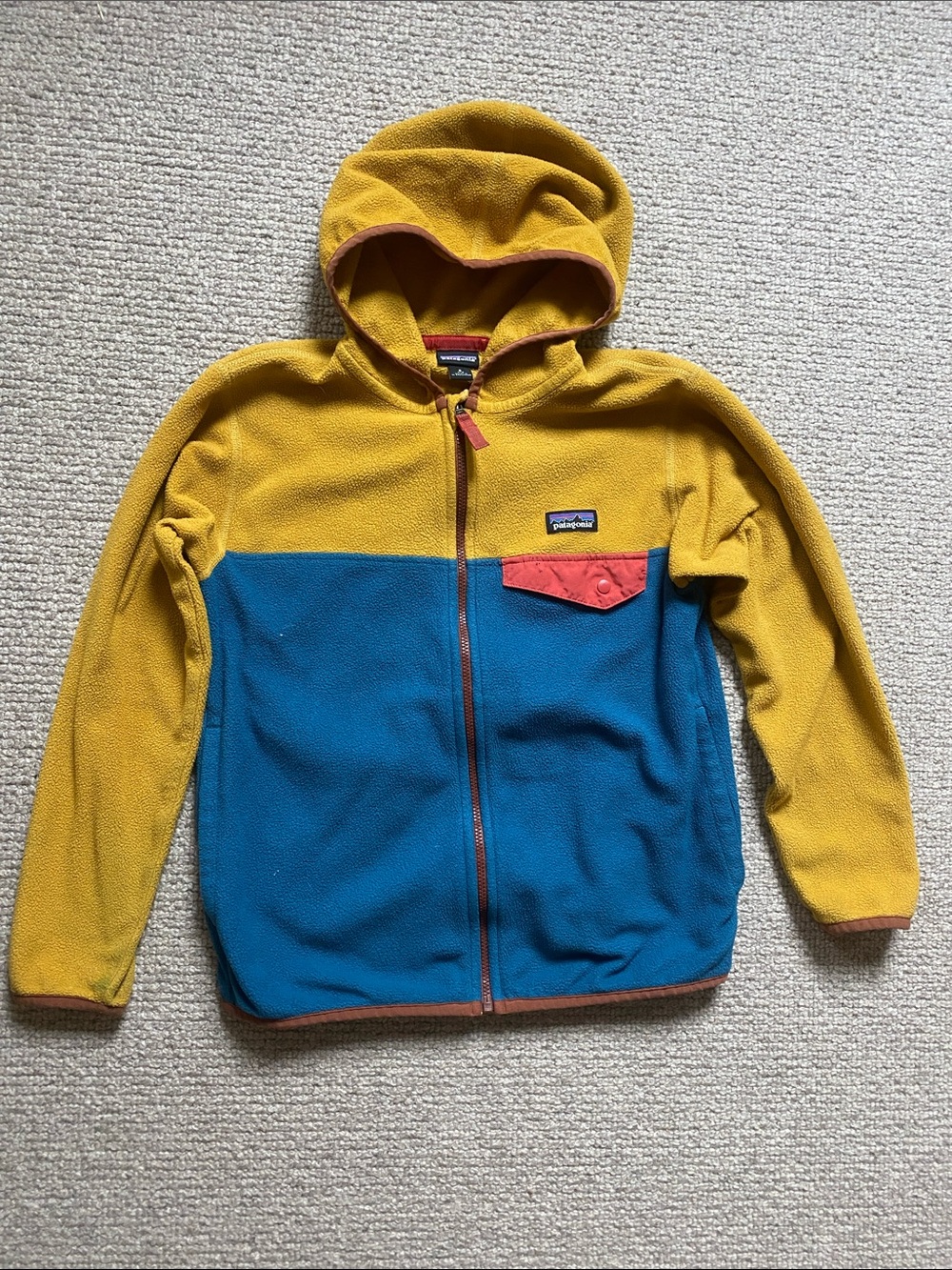 Patagonia Kids Hooded Fleece Jacket - Mustard, Teal & Coral Pocket